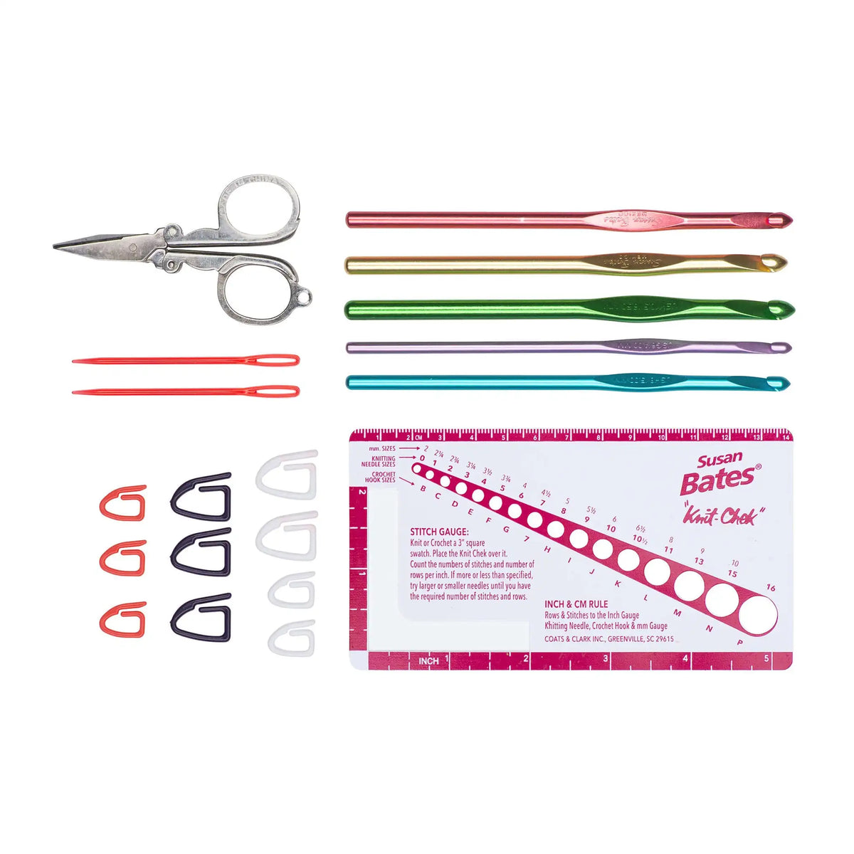Susan Bates Learn Crochet Kit contents: five Silvalume hooks, Knit Chek, stitch markers, yarn needles, scissors and instruction book
