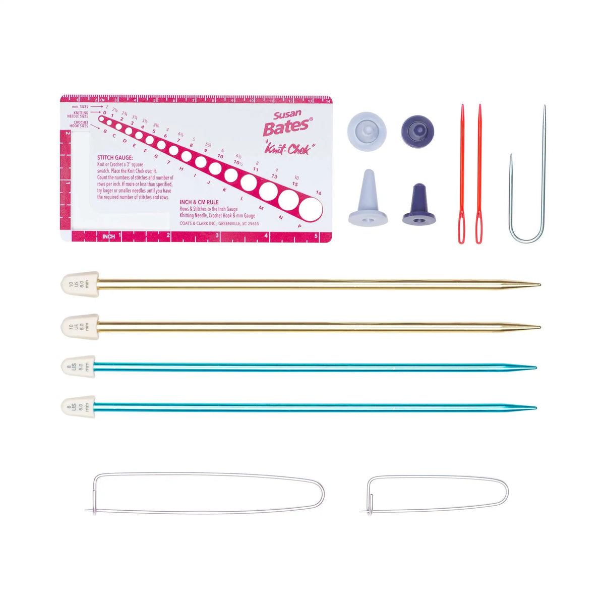 Susan Bates Learn Knitting Kit contents: two pairs of needles, cable needle, stitch holders, point protectors, Knit Chek and instruction book