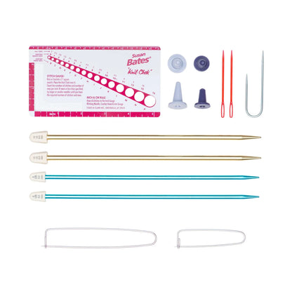 Susan Bates Learn Knitting Kit contents: two pairs of needles, cable needle, stitch holders, point protectors, Knit Chek and instruction book