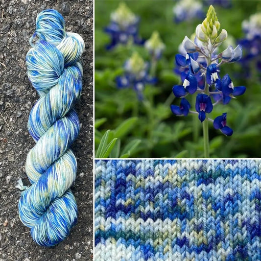 Texas Blue Bonnet colorway skein, Round Mountain Fibers Alder Fingering yarn