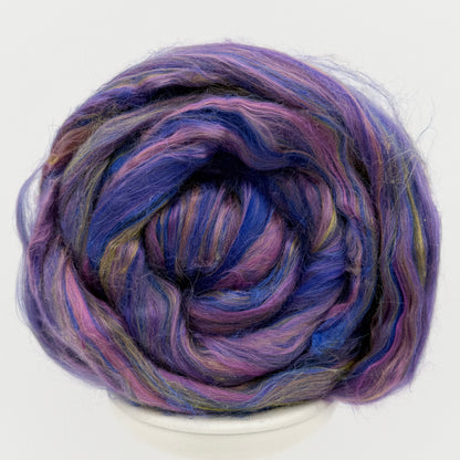 Twilight Garden silk, flax and merino spinning fiber in violet, periwinkle blue and orchid pink with gold flecks