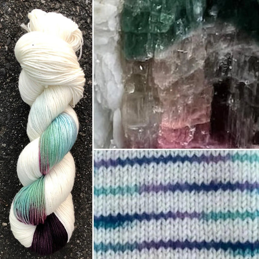 Watermelon Tourmaline colorway skein, Round Mountain Fibers Alder Fingering yarn