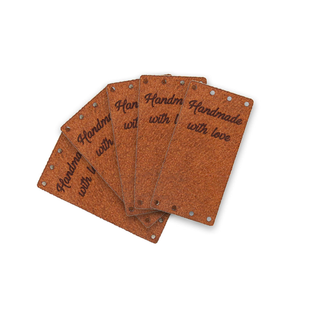 5 pack of Handmade With Love Brown suede labels.