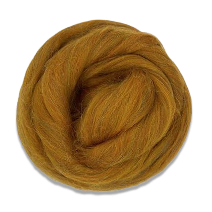 Color Amber. An orange and brown shade of merino wool with rainbow sparkly nylon blended in.