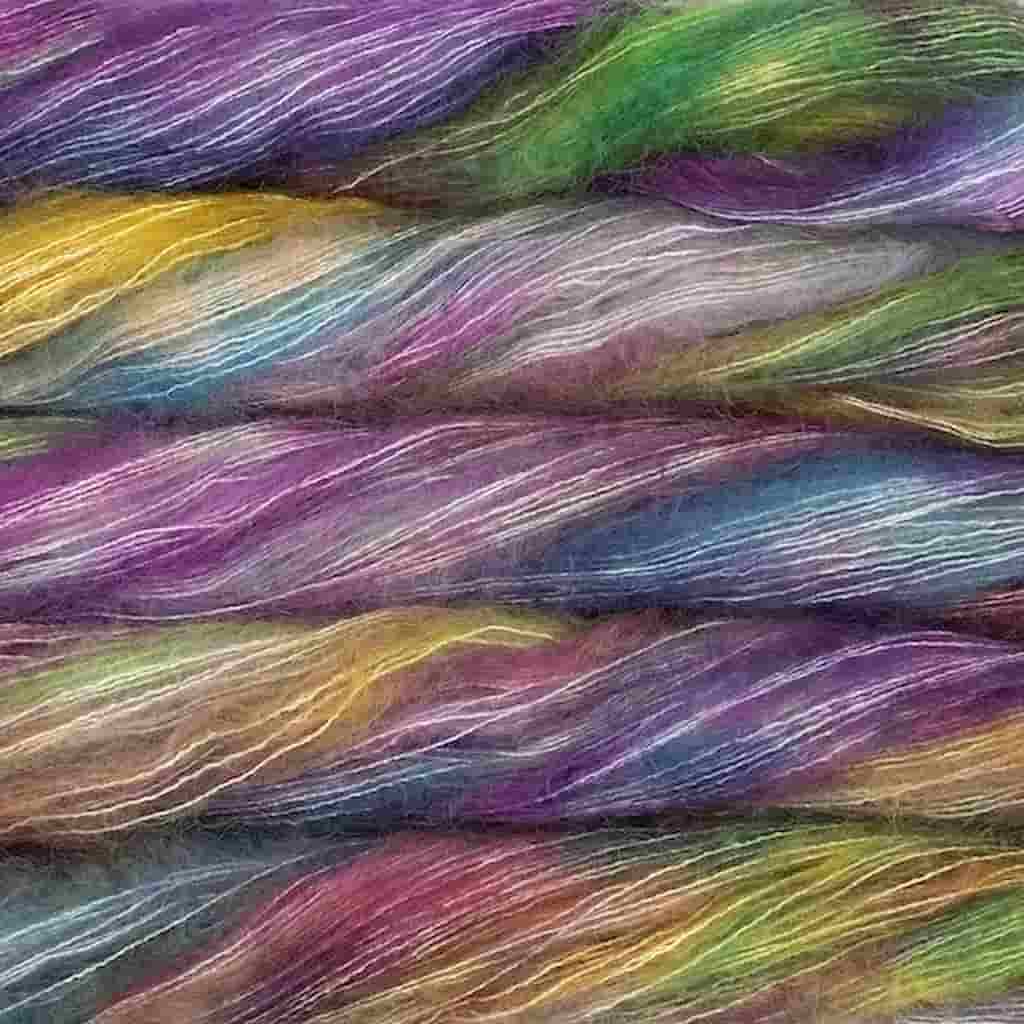Color: Arco Iris 866.  A soft rainbow multicolored color of Malabrigo Mohair yarn