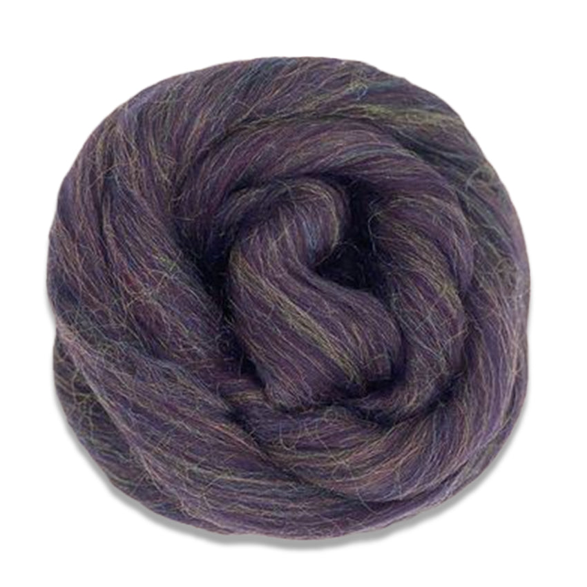 Color Aubergine. A dark purple shade of merino wool with rainbow sparkly nylon blended in.