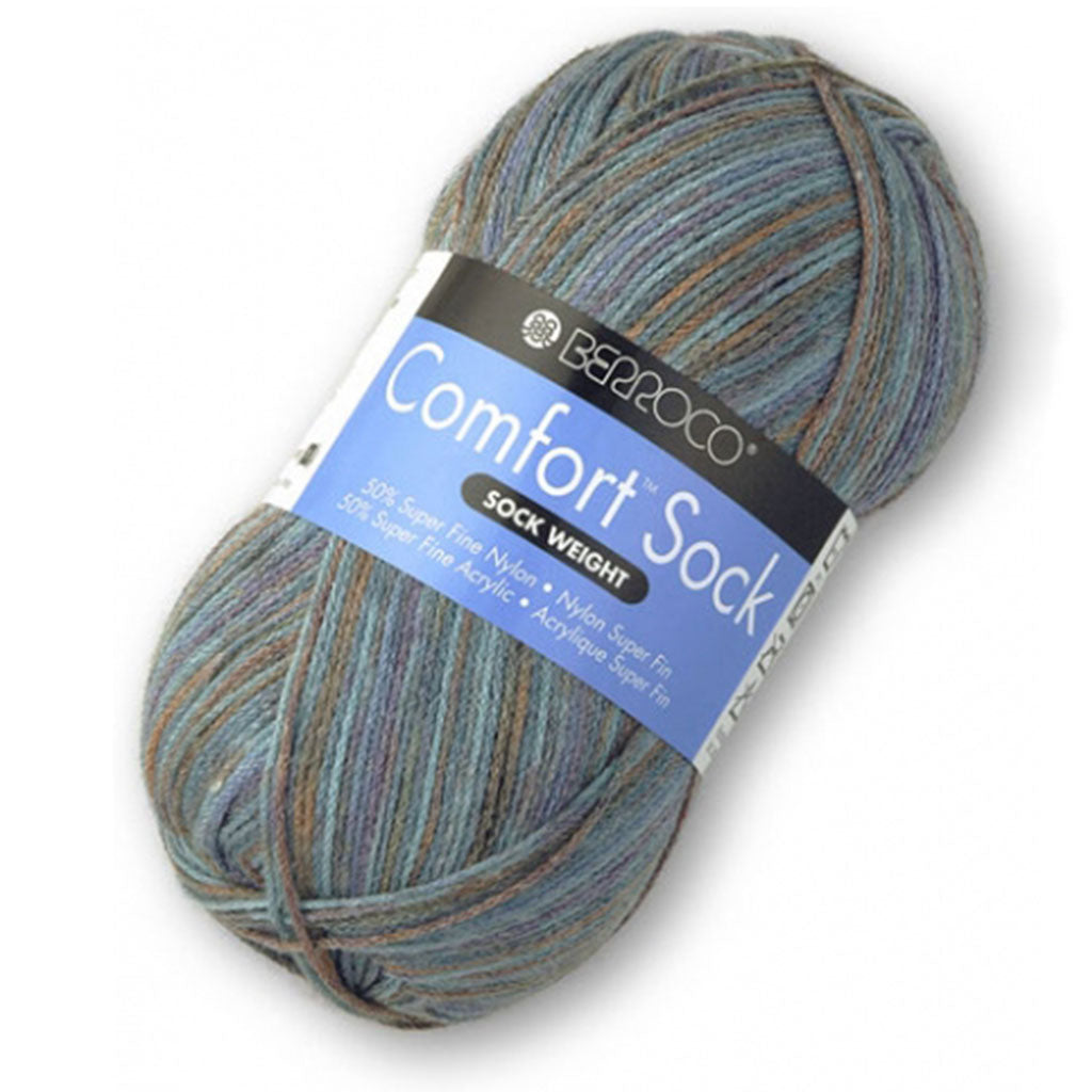 A grey blue skein of Berroco Comfort Wool Free Sock Yarn