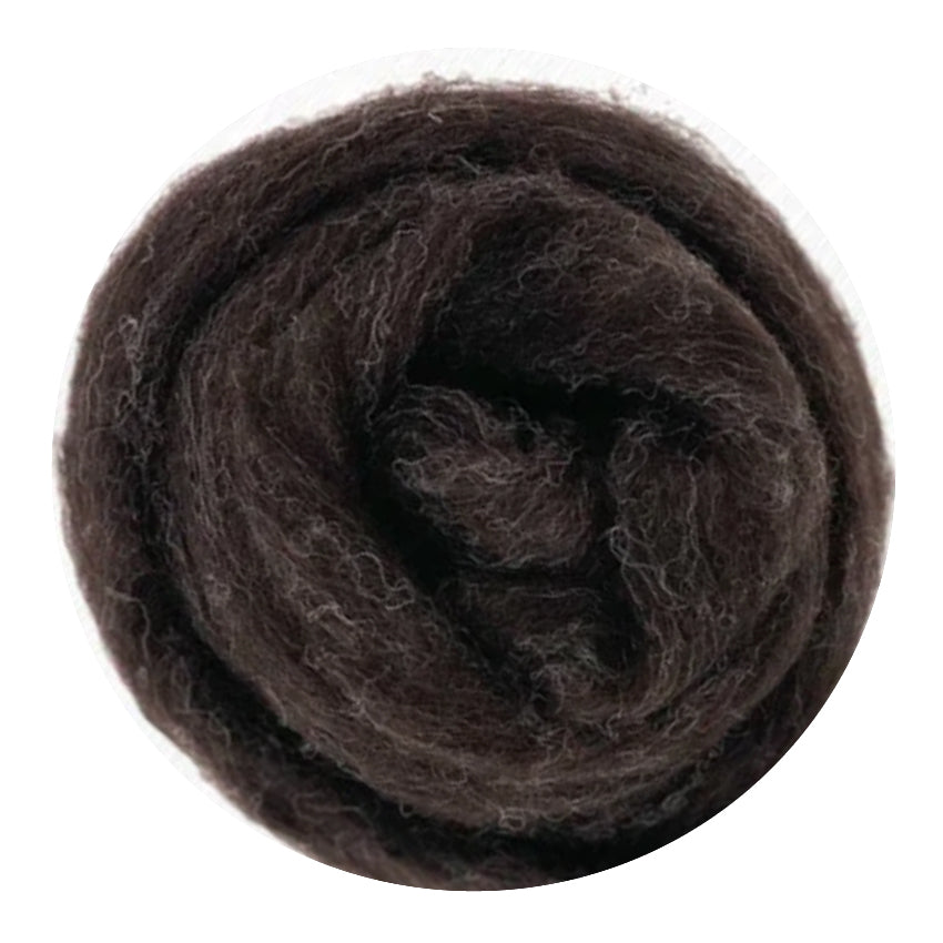 Color Badger. A dark brown shade of bulky carded corriedale wool sliver.