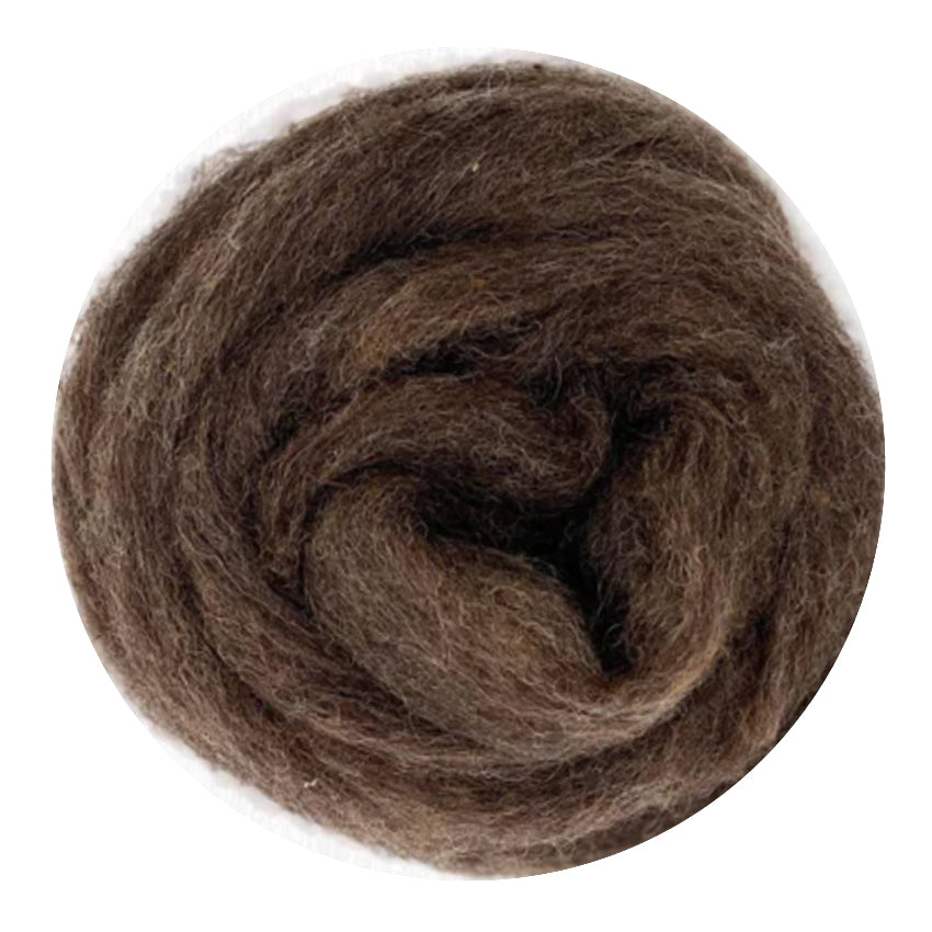 Color Bear. A medium brown shade of bulky carded corriedale wool sliver.