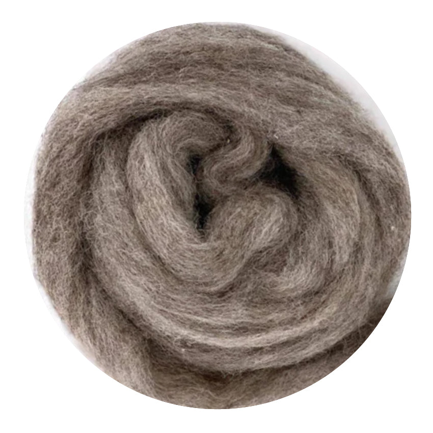 Color Squirrel. A medium brown grey shade of bulky carded corriedale wool sliver.