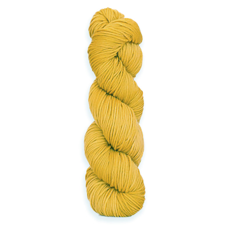 A twisted hank of Harvest Worsted hand-dyed a golden yellow with Buckthorn.