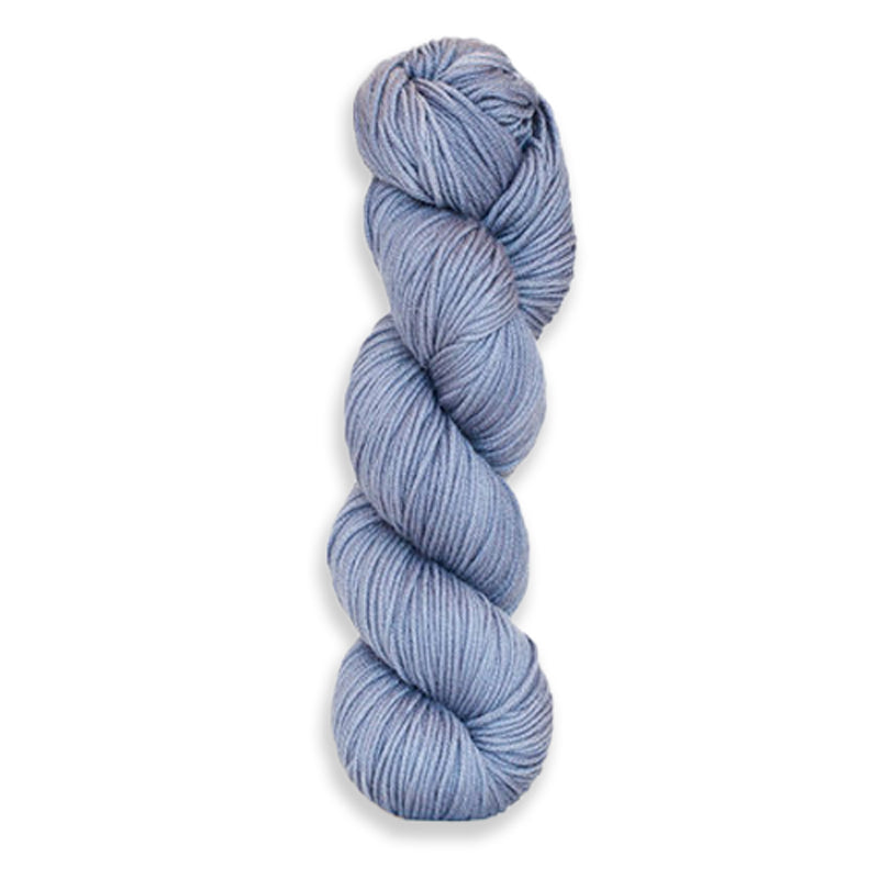 A twisted hank of Harvest Worsted hand-dyed with Cosmic Purple Carrots, making a silvery blue-grey.