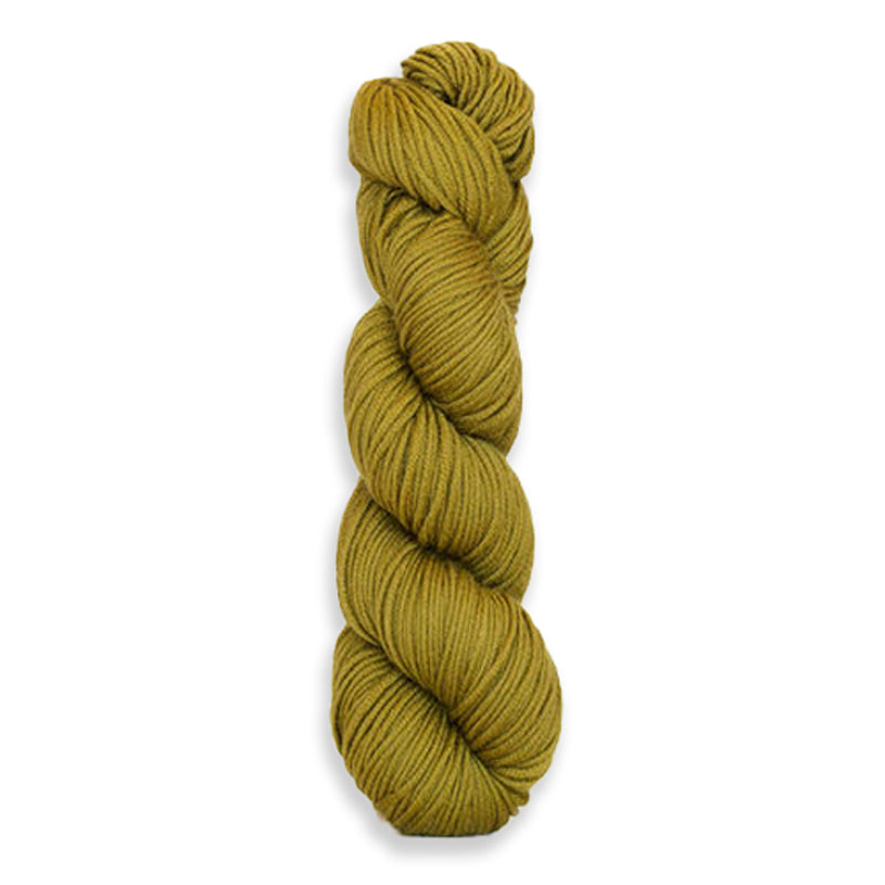 A twisted hank of Harvest Worsted hand-dyed an olive green with Figs.