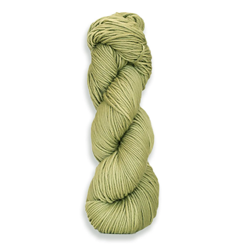 A twisted hank of Harvest Worsted hand-dyed a light dusty green with Grape Leaves.
