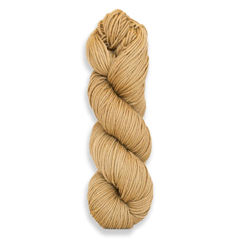 A twisted hank of Harvest Worsted hand-dyed a warm light tan with Hazelnuts.
