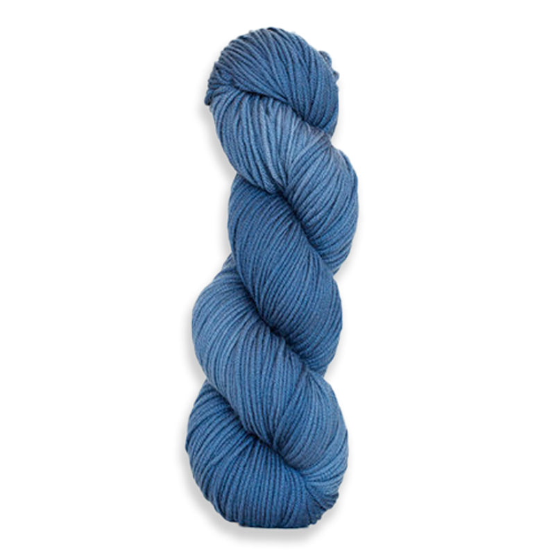 A twisted hank of Harvest Worsted hand-dyed a deep blue with Indigo.