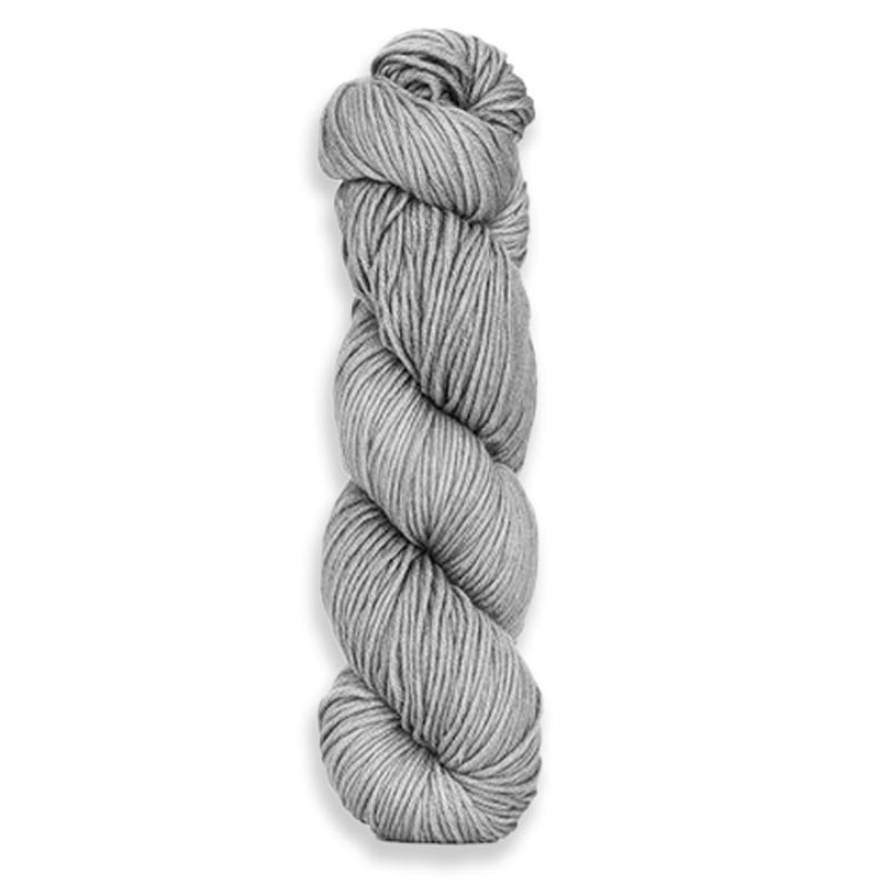 A twisted hank of Harvest Worsted hand-dyed light silvery grey with Mint.