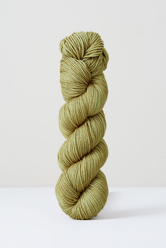 Color Pistachio, hand-dyed skein of yarn, in a light olive green naturally dyed with pistachios.