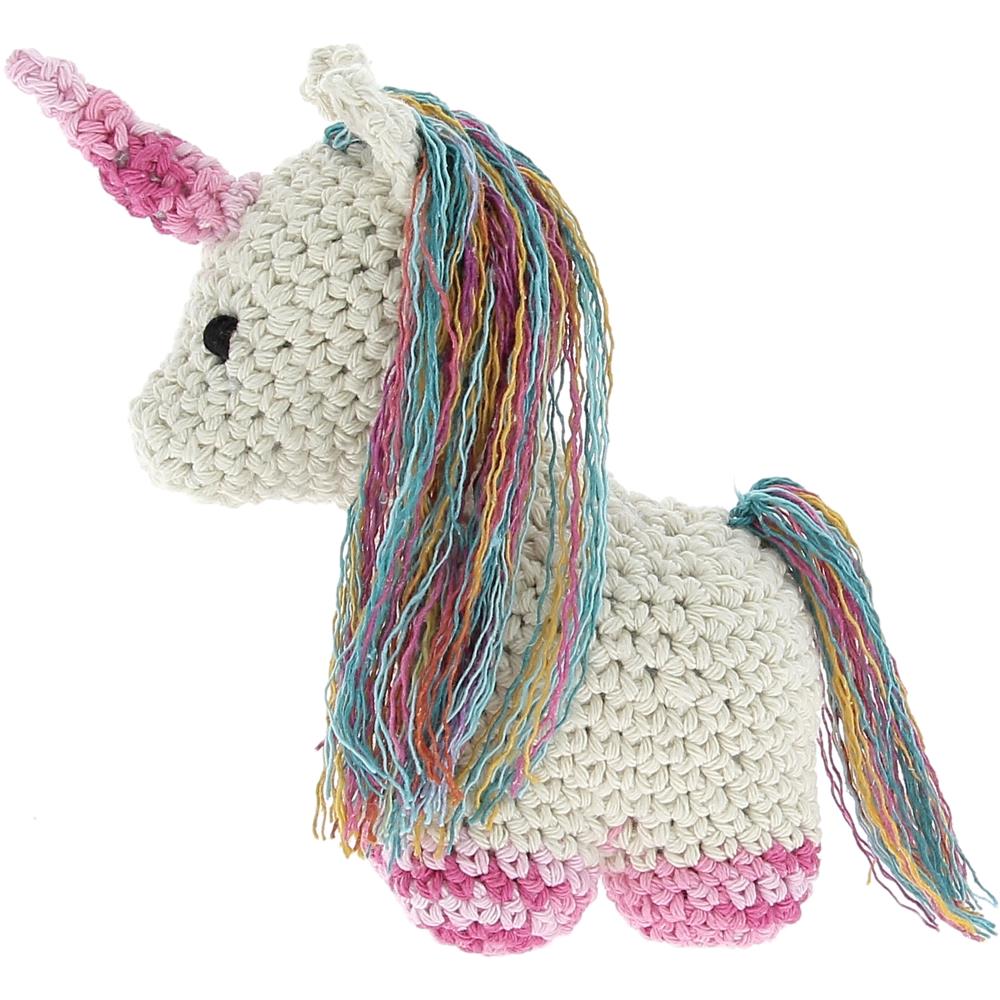Unicorn Nora, a cute crochet amigurumi unicorn with a rainbow mane.