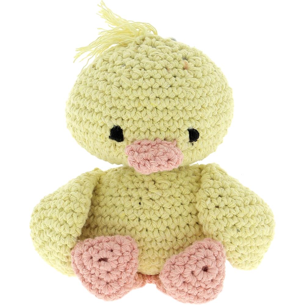 Duckling Danny, a cute yellow crochet amigurumi duckling.