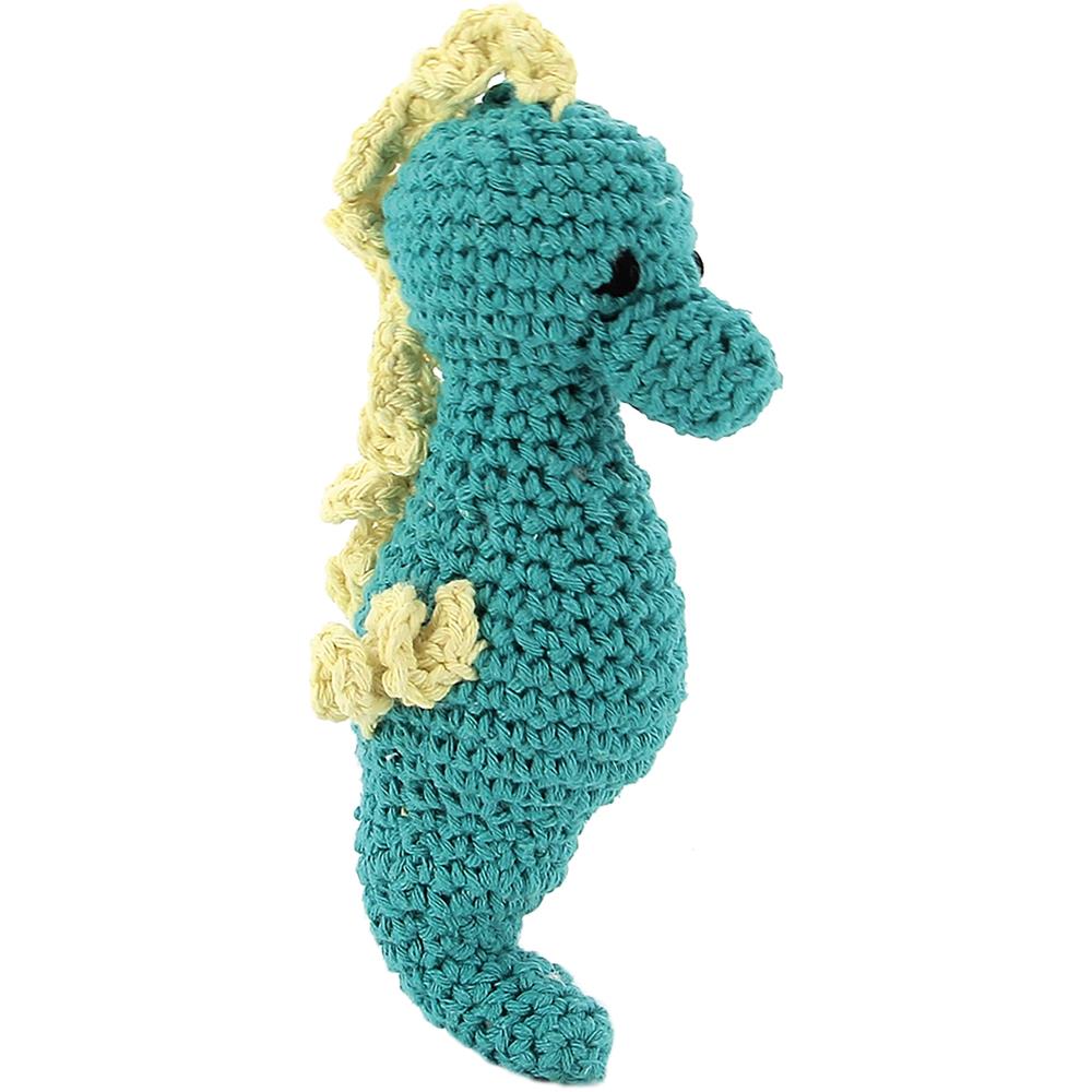 Seahorse Bubbles, a cute teal and light yellow crochet amigurumi seahorse.
