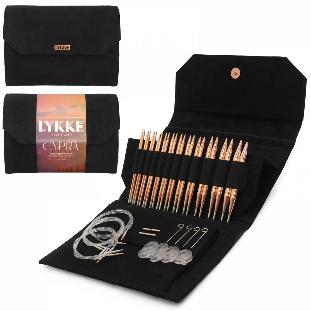 A 100% copper interchangeable knitting needle set in a black vegan suede case with accessories 
