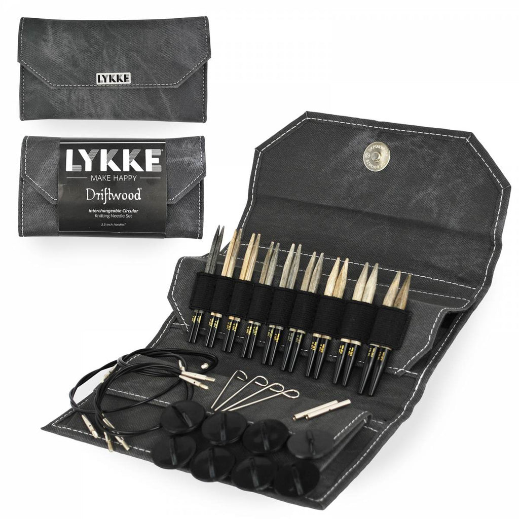 Lykke Driftwood Interchangeable Knitting Needle Set. 3.5 inch Grey wooden needle tips in a grey case