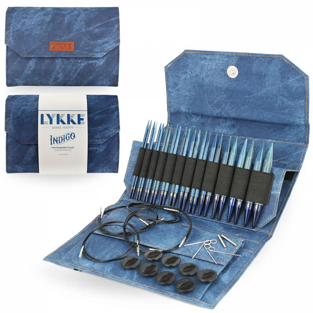 A light blue, driftwood style interchangeable knitting needle set with 5" tips in a blue case