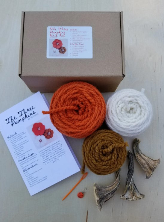 Top view of knitted pumpkin kit showing contents with yarn, needles, instructions, stems and markers