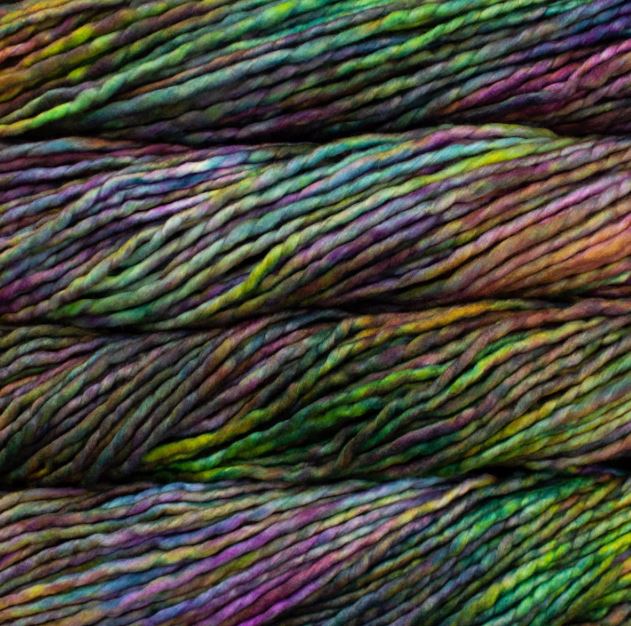 Color: Arco Iris 866. A green, pink, yellow, and purple variegated variant of Malabrigo Rasta yarn. 