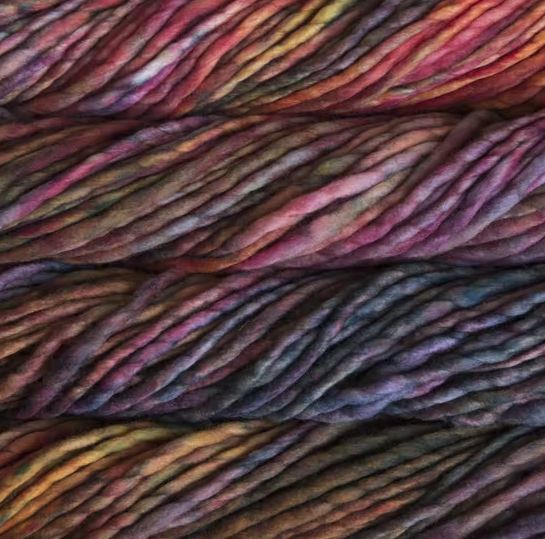 Color: Diana 886. A purple, orange, pink and purple variegated variant of Malabrigo Rasta yarn. 