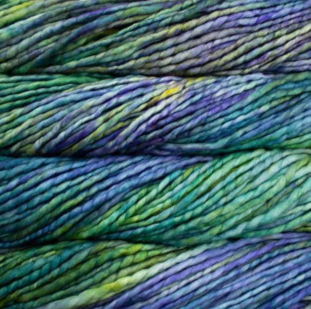 Color: Indiecita 416. A light green, blue and purple variegated variant of Malabrigo Rasta yarn. 