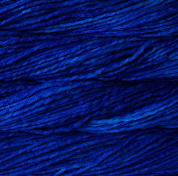 Color: Matisse Blue. A bright, florescent, royal blue variegated variant of Malabrigo Rasta yarn. 