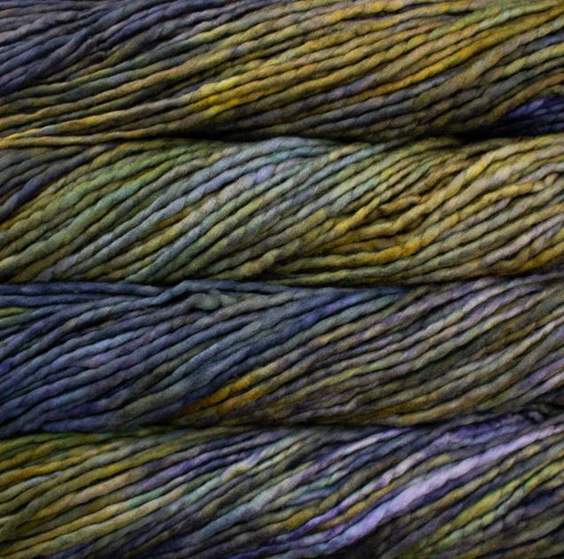 Color: Soriano 867. A blue, and yellowish green variegated variant of Malabrigo Rasta yarn. 