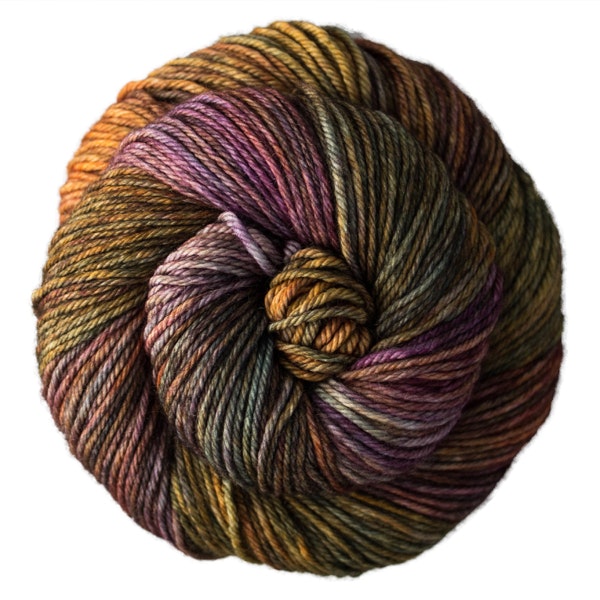 A skein of Caprino in the color Diana 886, a variegated rust, olive, and purple colorway.