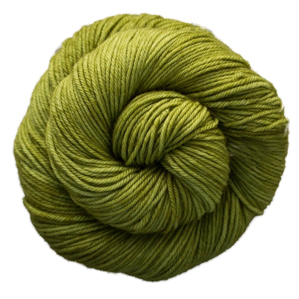 A skein of Caprino in the color Lettuce 037, a tonal green colorway.