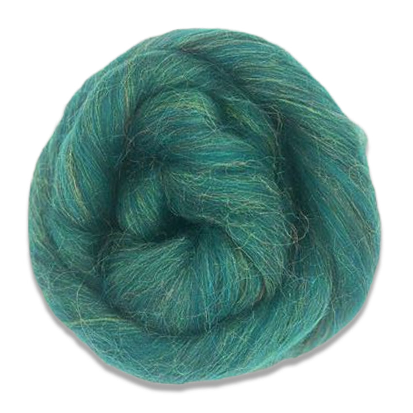 Color Mallard. A blue and green shade of merino wool with rainbow sparkly nylon blended in.