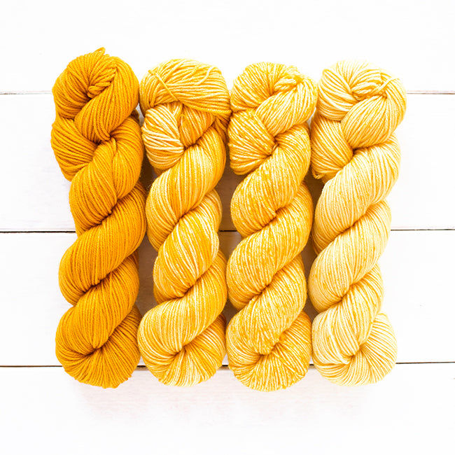 Color 802, a yellow 4 skein gradient dyed yarn kit fading from dark solid to speckled.