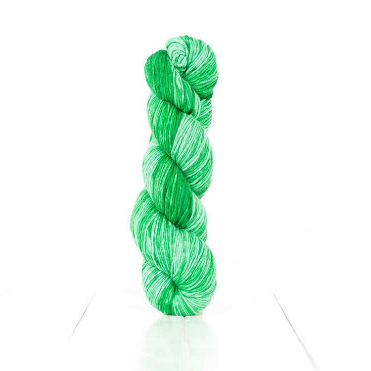 Color 6058, a variegated monochromatic skein of bright spring green yarn.