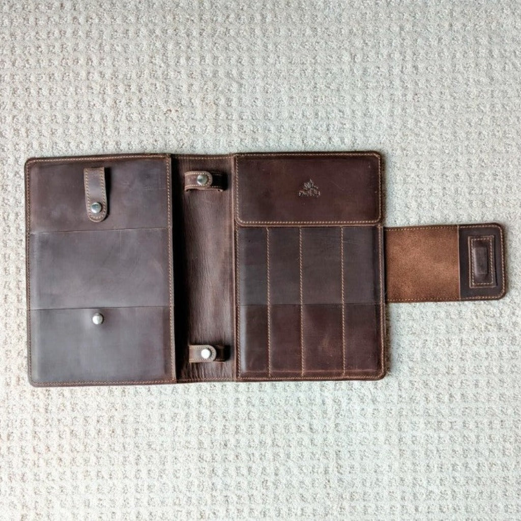 Thread and Maple Leather knitting needle binder in Chocolate open to reveal the pockets inside. 