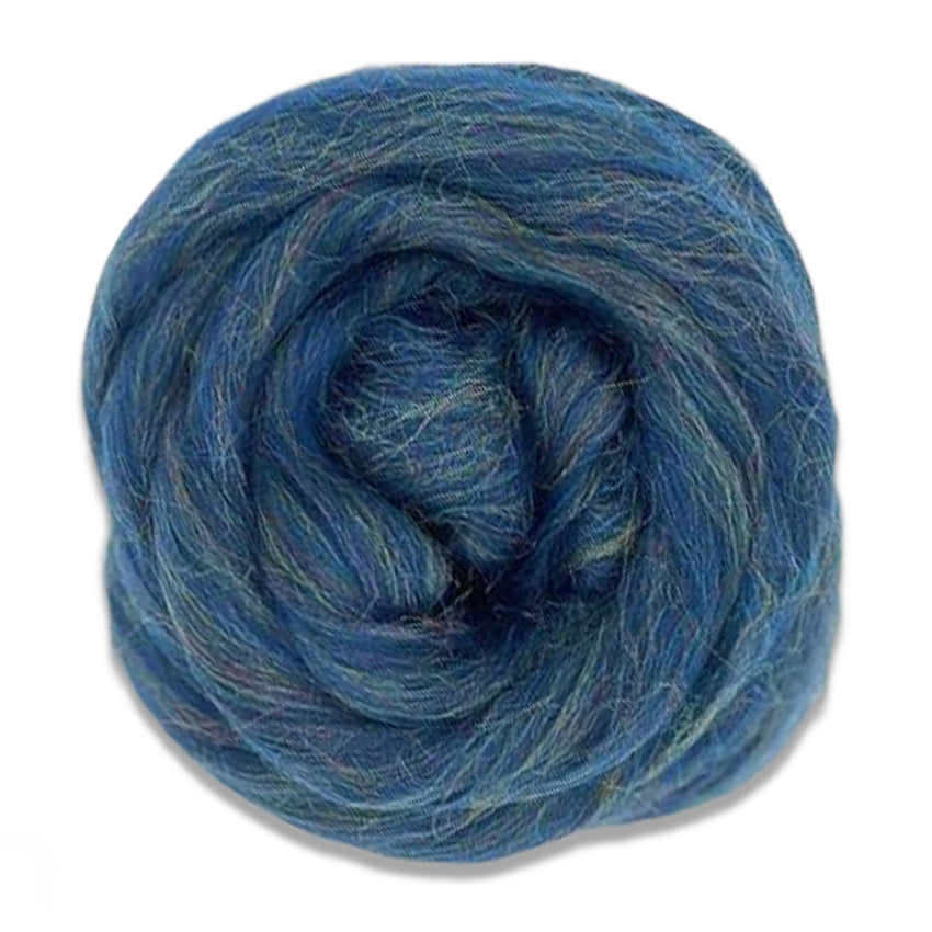 Color Ocean. A dark blue shade of merino wool with rainbow sparkly nylon blended in.