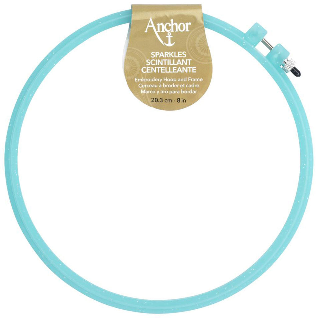 A blue sparkly 8" plastic embroidery hoop.