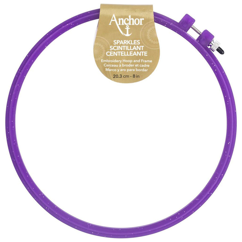 A purple sparkly 8" plastic embroidery hoop.