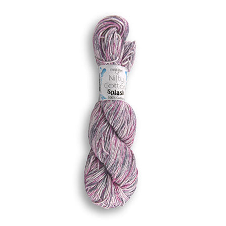 A skein of Cascade's Nifty Cotton Splash, a speckly multi-colored aran weight yarn.