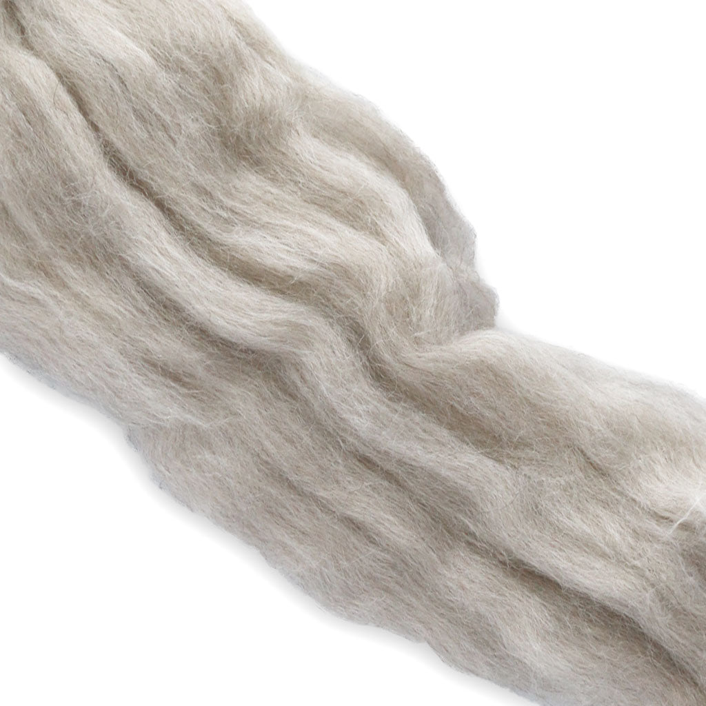 A close up look at the undyed Downy Downpour roving