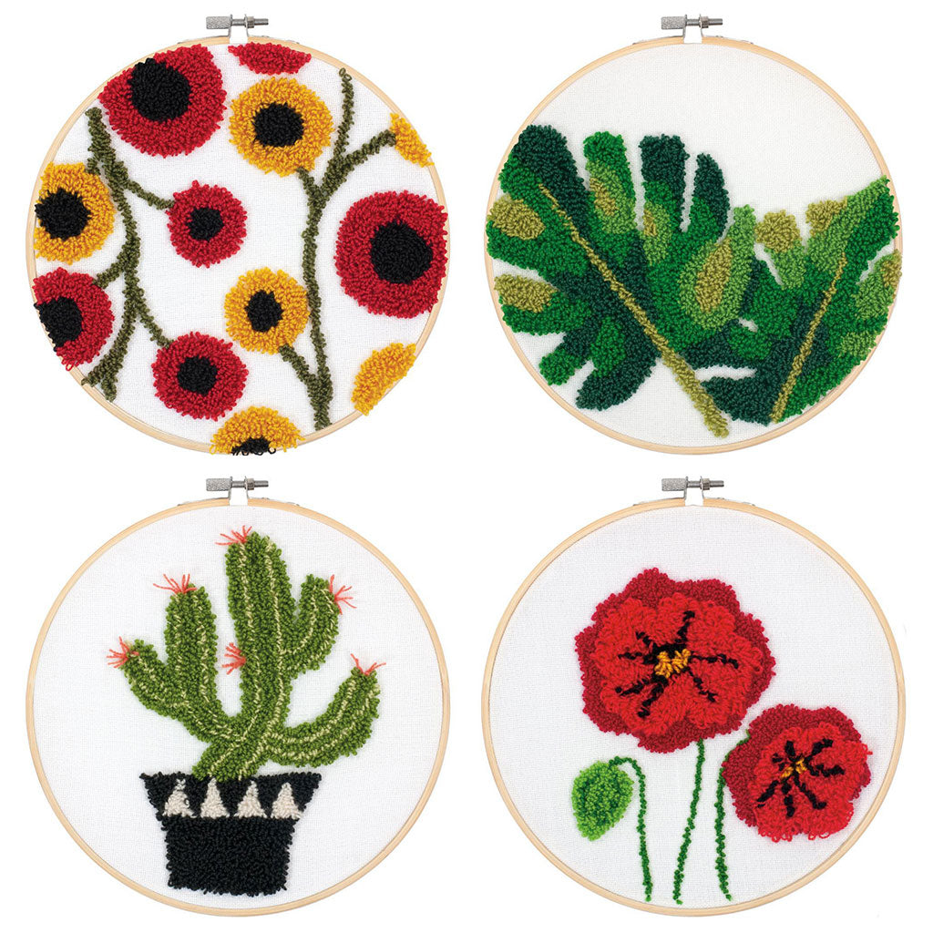 Feltworks Dimensions 8" Punch Needle Kits in the styles Floral Pattern, Leaves, Prickly Cactus, and Poppies.