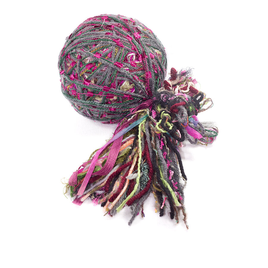 Color #24: a hand wound ball of yarn, a mix of bright pink, grey, dark red, and light green.