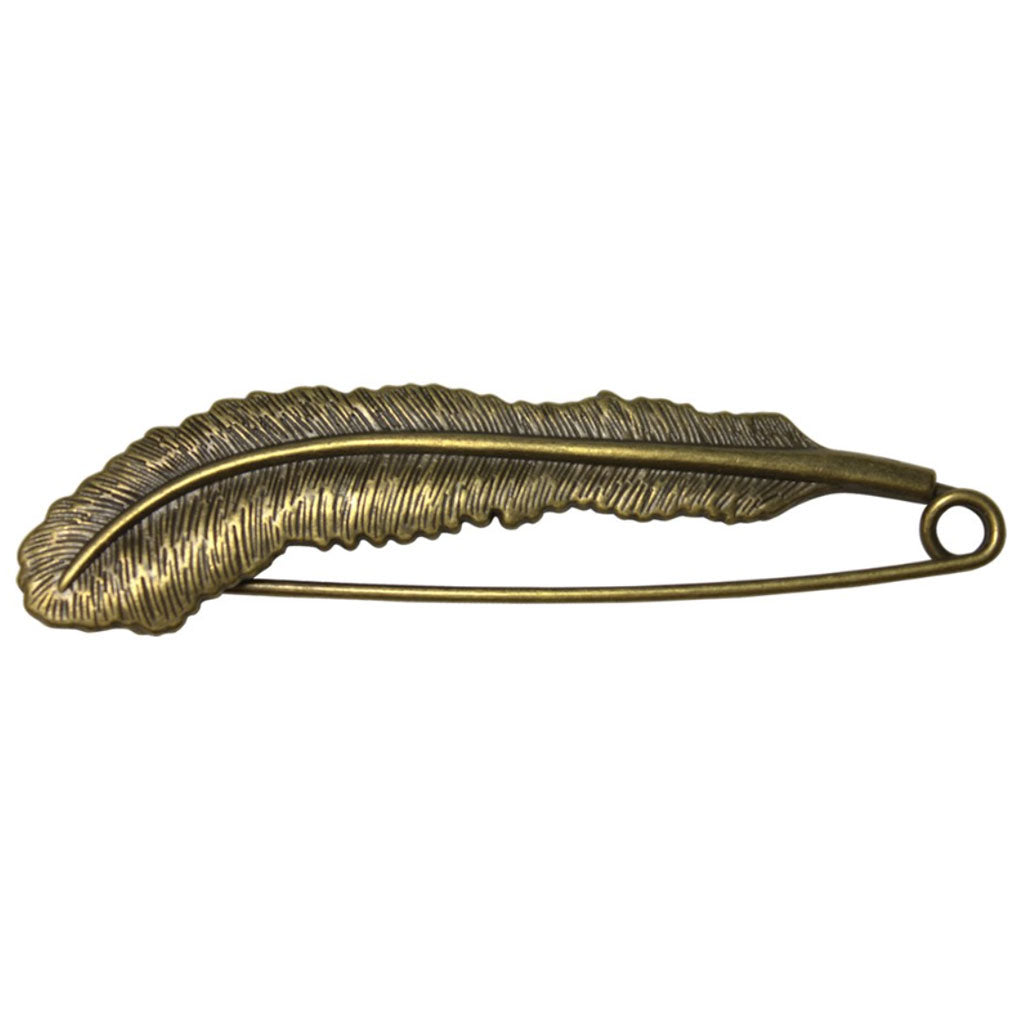 The HiyaHiya Feather Shawl Pin with a brass finish.