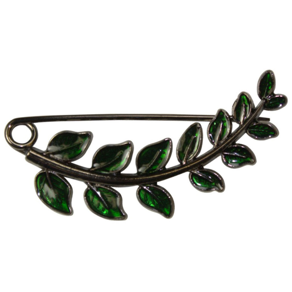 The HiyaHiya Fern Shawl Pin with a dark metallic finish and green leaves.
