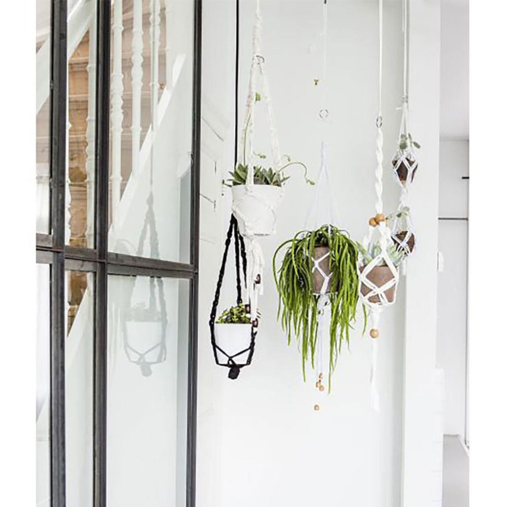 Several Macrame Hanging Basket holders by a large window.